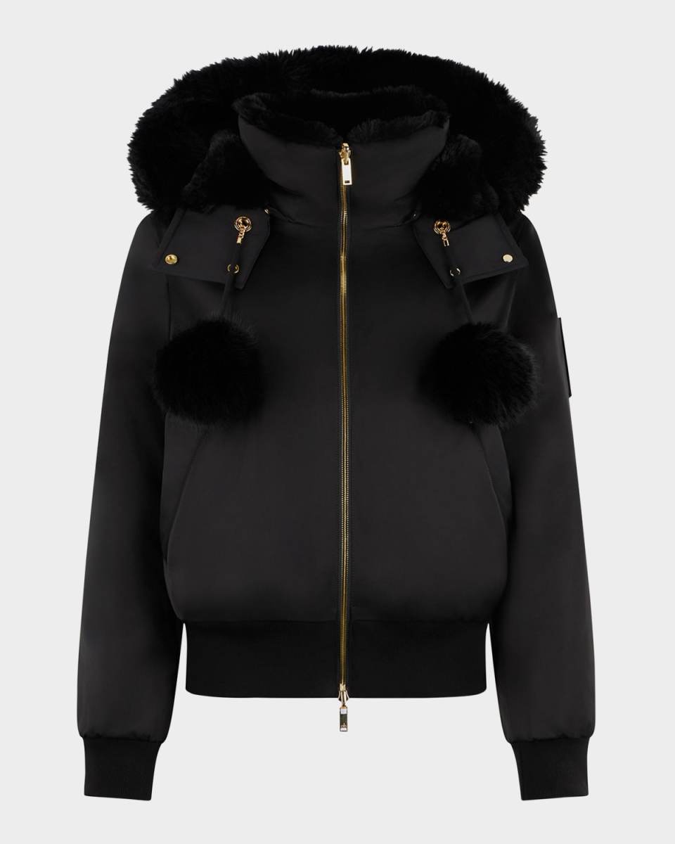 Debbie Satin Bomber Jacket with Removable Hood & Pom Poms